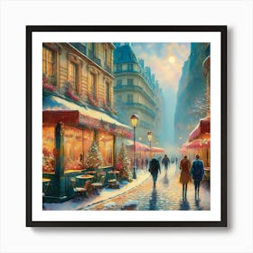 Paris cafes, winter season, Christmas, pale colors, pedestrians in the street, winter clothes, falling snow.5 2 Art Print