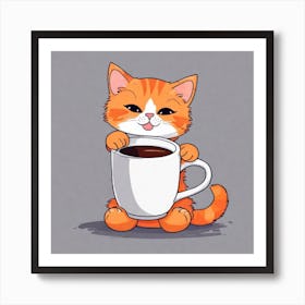 Cute Orange Kitten Loves Coffee Square Composition 3 Art Print