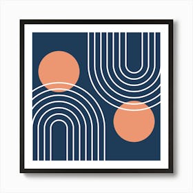 Mid Century Modern Geometric In Navy Blue And Peach (Rainbow And Sun Abstract) 1 Art Print