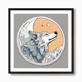 Sticker Art Design, Wolf Howling To A Full Moon, Kawaii Illustration, White Background, Flat Colors, (3) 1 Art Print