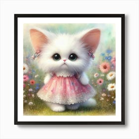 Little White Kitten In Pink Dress Art Print