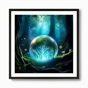 Magic Ball Radiating An Ethereal Glow Suspended Mid Air In An Enchanted Forest Filled With Towering Art Print