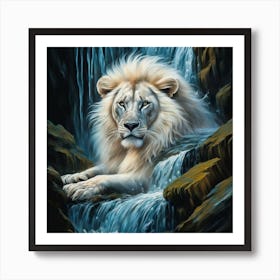 Lion By The Waterfall Art Print