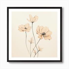 Three Flowers On A Beige Background Art Print