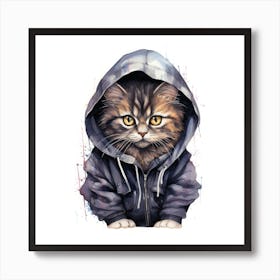 Watercolour Cartoon Cat In A Hoodie 1 Art Print