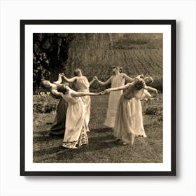 Circle of Witches Dancing - Ritual Pagan Ladies Dance 1921 Vintage Art Deco Remastered Photograph - Spiritual Witchy Fairytale Fairies Witchcraft Spells Calling the Moon Goddess Selene Mayday or Midsummer 5 Art Print