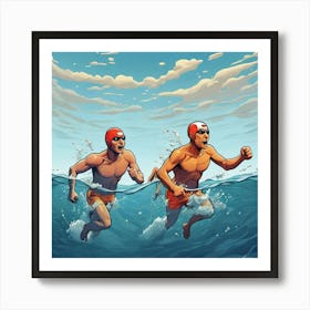 Racing Swimmers Swim In Ocean Cartoon Art Print 2 Art Print