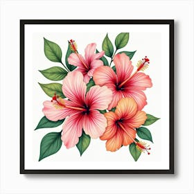 A Vibrant Watercolor Bouquet Of Tropical Hibiscus Flowers Art Print