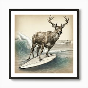 Deer On Surfboard 3 Art Print