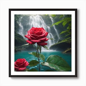 Red Rose with Waterfall Art Print
