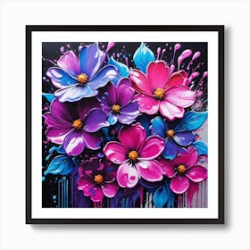 Flowers On Black Canvas 1 Art Print