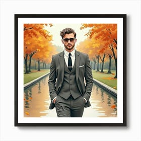 Sophisticated Man In Watercolor Suit, Serene Autumn Park 1 Art Print