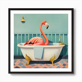 Flamingo In Bathtub 2 Art Print