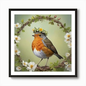 Bird With A Flower Crown European Robin Art Print 1 Art Print