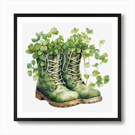 Green Boots With Clovers Art Print