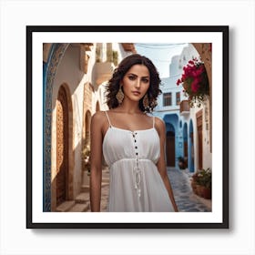 Beautiful Woman In White Dress, Tunis Street Sidi Bou Said Art Print