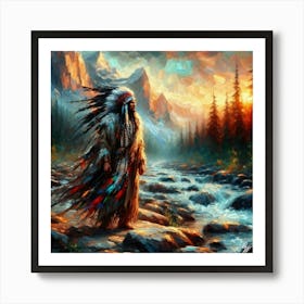 Oil Texture Native American Warrior By Stream 1 Art Print