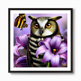 Owl With Butterfly Art Print