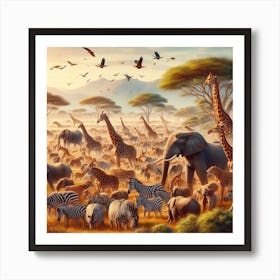 Giraffes And Zebras In Africa Art Print