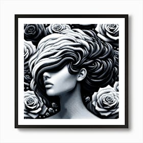 Black & White Pixel Art of Woman & Roses Art Print