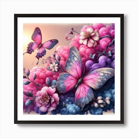 Pink Butterflies And Flowers Art Print