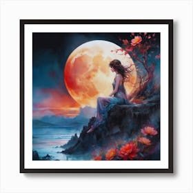 Girl Watching Full Moon Art Print