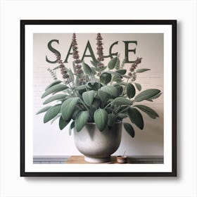 Sage Plant in a Pot: A Realistic Painting of a Herb with Details and Textures Art Print