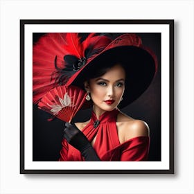Victorian Woman In Red Dress With Fan Art Print