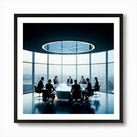 Business Team In Mid Strategizing Session Seated Around A Sleek Oval Glass Table Reflecting Ambien (4) Affiche