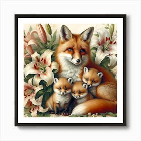 Fox And Lilies Art Print