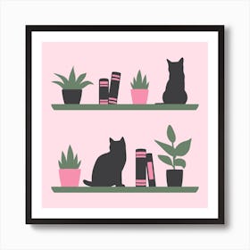 Cats On Bookshelves Art Print