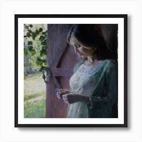 Woman Looking At A Flower Art Print