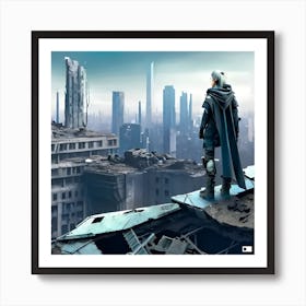 A man looking at a city in ruins in a dystopian future Art Print