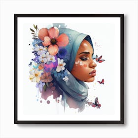 Watercolor Floral Muslim Arabian Woman #3 Art Print