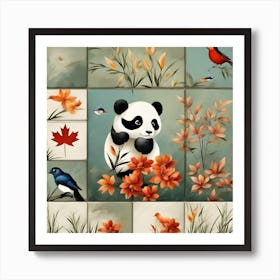 Panda Bear And Birds 1 Art Print