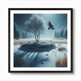 Flying Late (winter, bird, snow, tree) Art Print