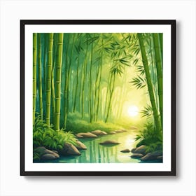 A Stream In A Bamboo Forest At Sun Rise Square Composition 303 Art Print