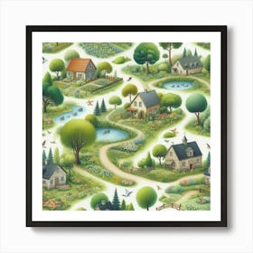 Summer Green Village On White Art Print