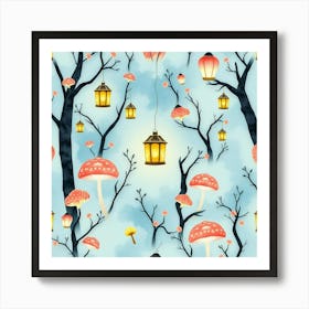 Seamless Pattern With Mushrooms And Lanterns 6 Art Print