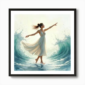 Elegant Dancer Amidst Watercolor Tranquil Waves 1 Art Print