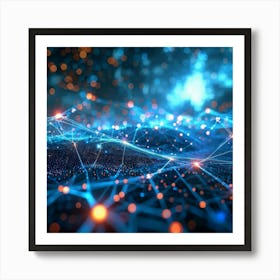 Abstract Cyber Concept Art Featuring Networks Of Glowing Dots Amidst Streams Of Futuristic Data Flow Art Print