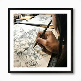 Woman Drawing Flowers Art Print