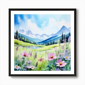 Watercolor Country Meadow Swiss Alps Art Print