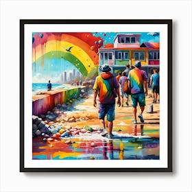 Rainbow Above Beachgoers Walking Along The Beach Art Print