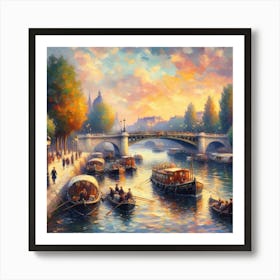 Paris At Sunset With The Seine River And Sailing Boats Art Print