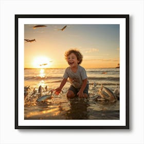 Little Boy Playing With Fish At Sunset 1 Art Print