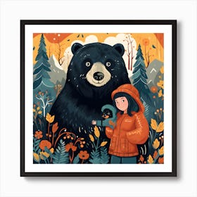 Black Bear With A Girl Art Print