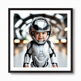 3d Dslr Photography, Model Shot, Baby From The Future Smiling Wearing Futuristic Suit Designed By Apple, Digital Vr Helmet, Sport S Car In Background, Beautiful Detailed Eyes, Professional Award Winning Portrait Art Print
