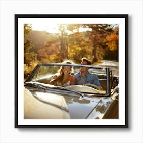 Couple Smiles Brimming Bask In The Sun Driving A Vintage Convertible Winding Road Snaking Throug (4) Art Print