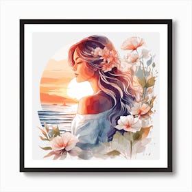 Watercolor Of A Girl With Flowers on beach Art Print